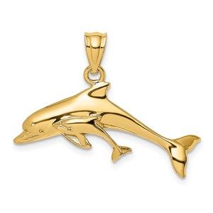 14k Yellow Gold Polished Dolphin Nautical  and Baby Necklace Charm Pendant
